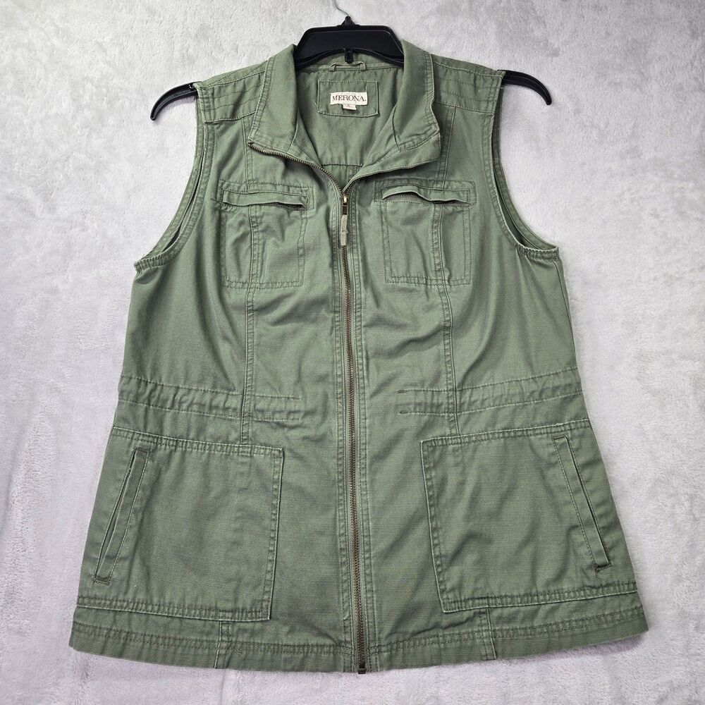 Merona Vest Women's Large Green Utility Cargo Sleeveless Zip Front Pockets Cinch